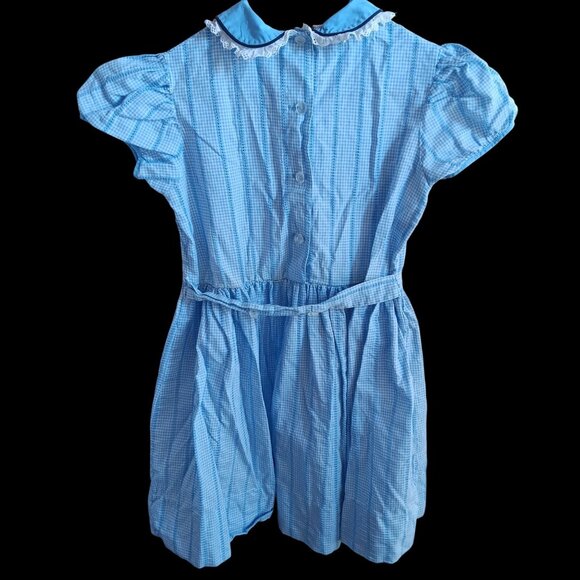 Vintage Girls Dress 10 1950's Blue Gingham Peter Pan Collar Lace Trim Dorothy - Picture 6 of 7